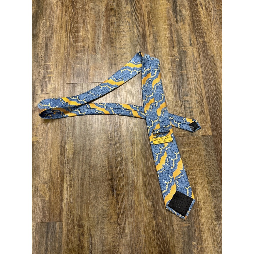 Stacy Adams Signature Gold Mens Paisley Necktie Yellow Blue Microfiber Hand Made - Picture 8 of 14